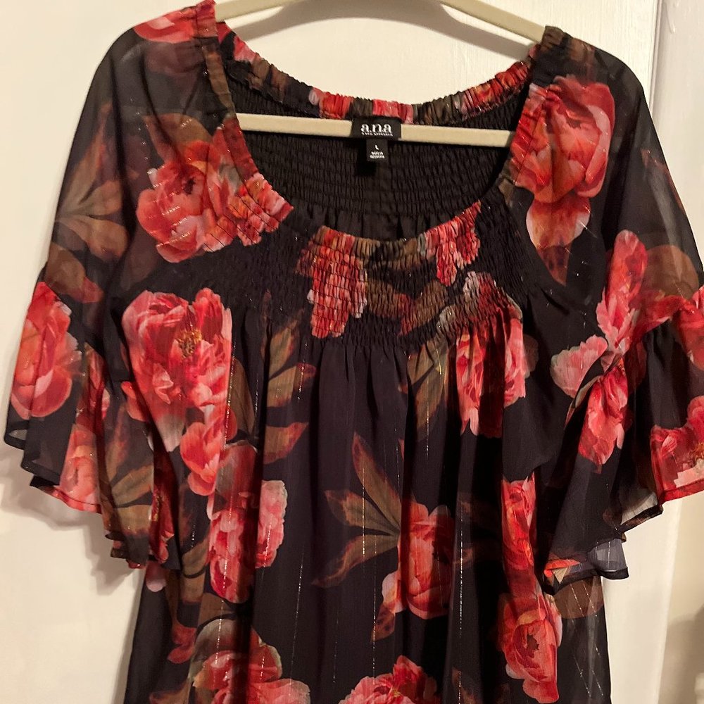 NWOT ANA LINED FLORAL BLOUSE BELL SLEEVE SZ L